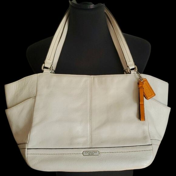 Coach White Leather Carrie Tote Bag Satchel Orange Spice Purse F23284 Handbag - Picture 1 of 11